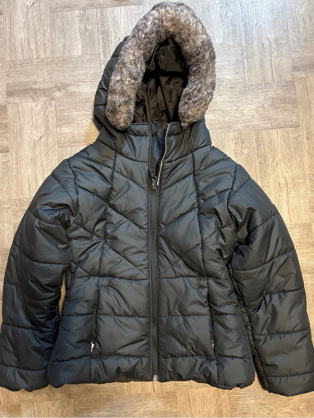 Kids Columbia Black Puffer Coat with Faux Fur Trim Hood